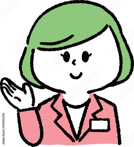 紹介しているスーツの女性
