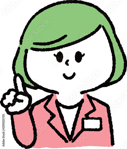 指差しをしているスーツの女性