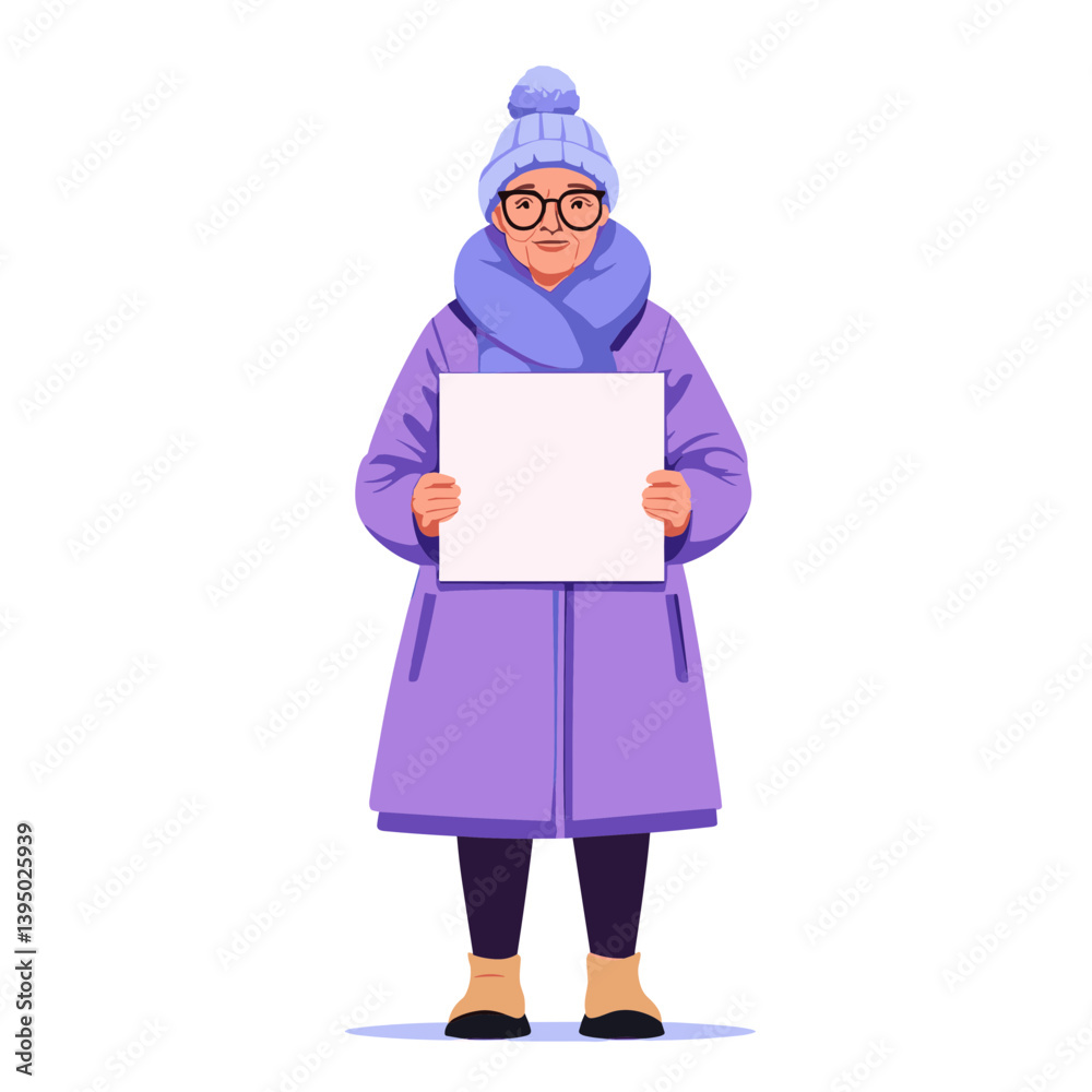 Woman in Purple Winter Coat Holding Blank Sign Woman in Purple Winter Coat Holding Blank Sign