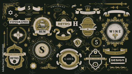 Frame logo. Ornament element, label wine decor. Ribbon banner retro. Sign border antique. Design vector badge of rum. Text flourish scroll. Flourish template