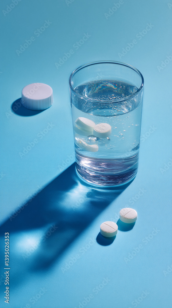 Glass of water with white pills, a bottle cap and two pills on a blue background, showcasing healthcare or pharmaceutical concept Glass of water with white pills, a bottle cap and two pills on a blue background, showcasing healthcare or pharmaceutical concept