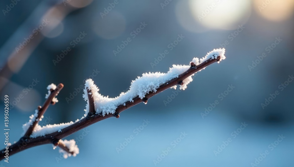 Delicate frost forming on the twig of a bare tree branch, twig, bare tree, winter Delicate frost forming on the twig of a bare tree branch, twig, bare tree, winter