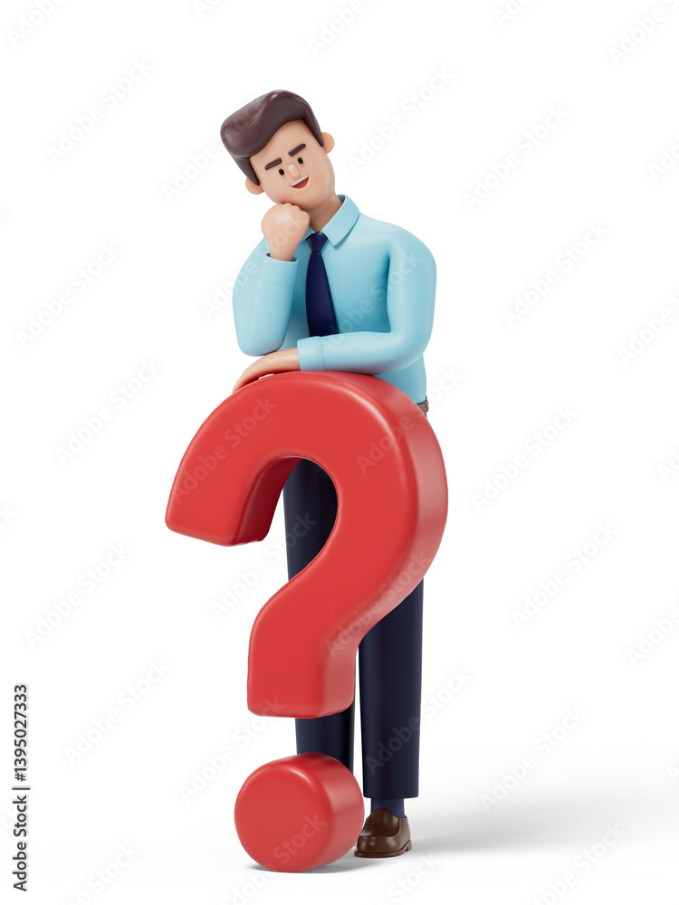 Man resting on a question mark, symbolizing contemplation or uncertainty. 3D rendering, conceptual image. Isolated on white background. Man resting on a question mark, symbolizing contemplation or uncertainty. 3D rendering, conceptual image. Isolated on white background.