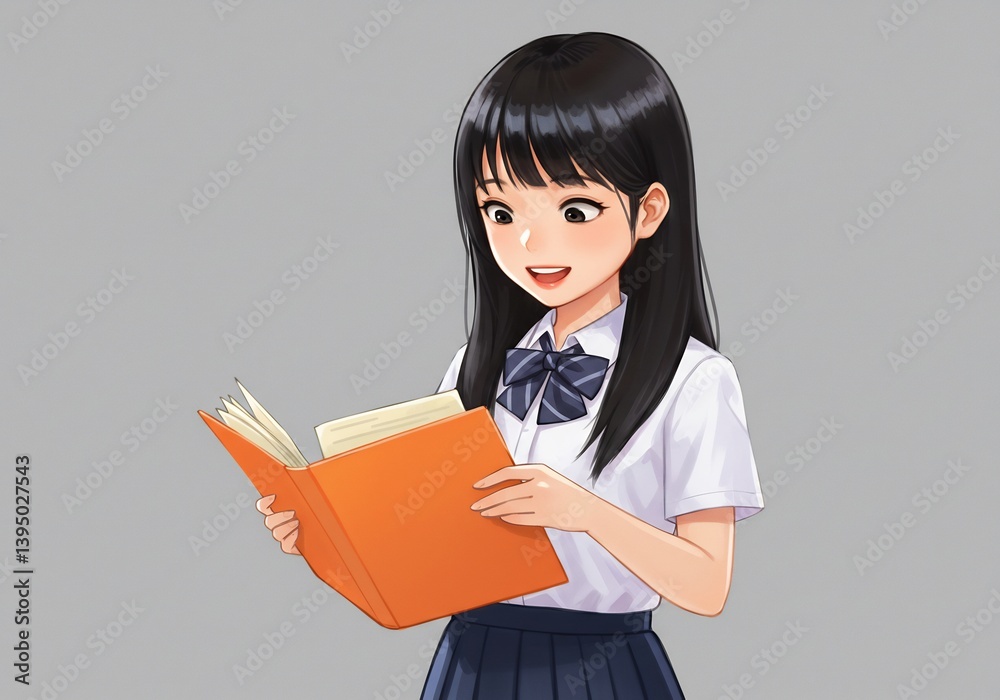 Smiling girl joyfully reads orange book soft light. AI Generated Smiling girl joyfully reads orange book soft light. AI Generated