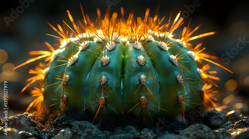 Obraz na płótnie Close-up photography of a cactus, emphasizing the sharpness of its spines and the intricate patterns of its ribbed green body. w salonie