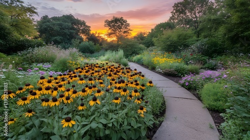 Sunset Garden Path with Blooming Black Eyed Susans