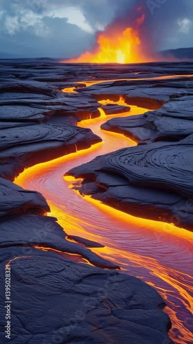 Slow panning shot capturing molten rivulets flowing through jagged terrain, each lava channel pulsing with intense glow against black obsidian plains, culminating in a grand eruption framed by a dark,
