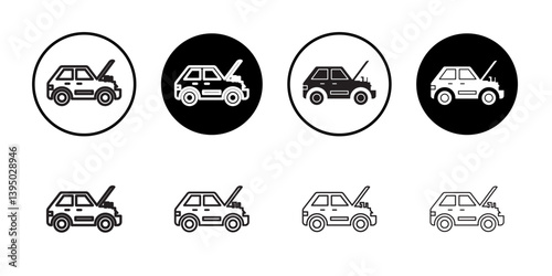 Broken car with open hood icon outline collection or set in black and white