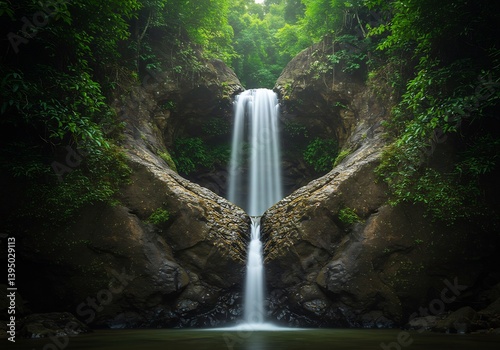 Serene Waterfall Cascading Through Lush Green Valley. AI Generated