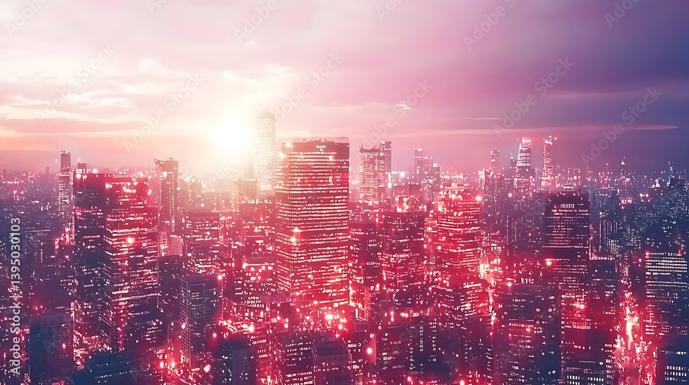 Obraz premium Urban cityscape at sunset illuminated buildings, ideal for futuristic or technological backgrounds