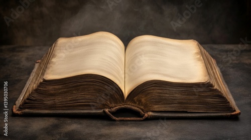 Open old book with blank pages on a dark surface.