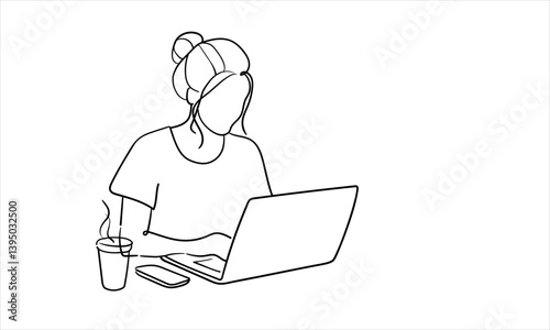 Woman working on laptop, continious line drawing. Freelancer, technologies, self-employed outline. 
Vector illustration