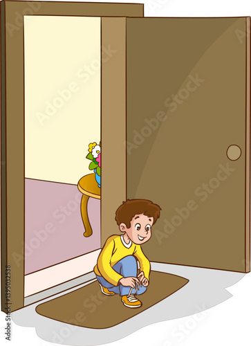 cute little boy tying his shoelaces vector illustration