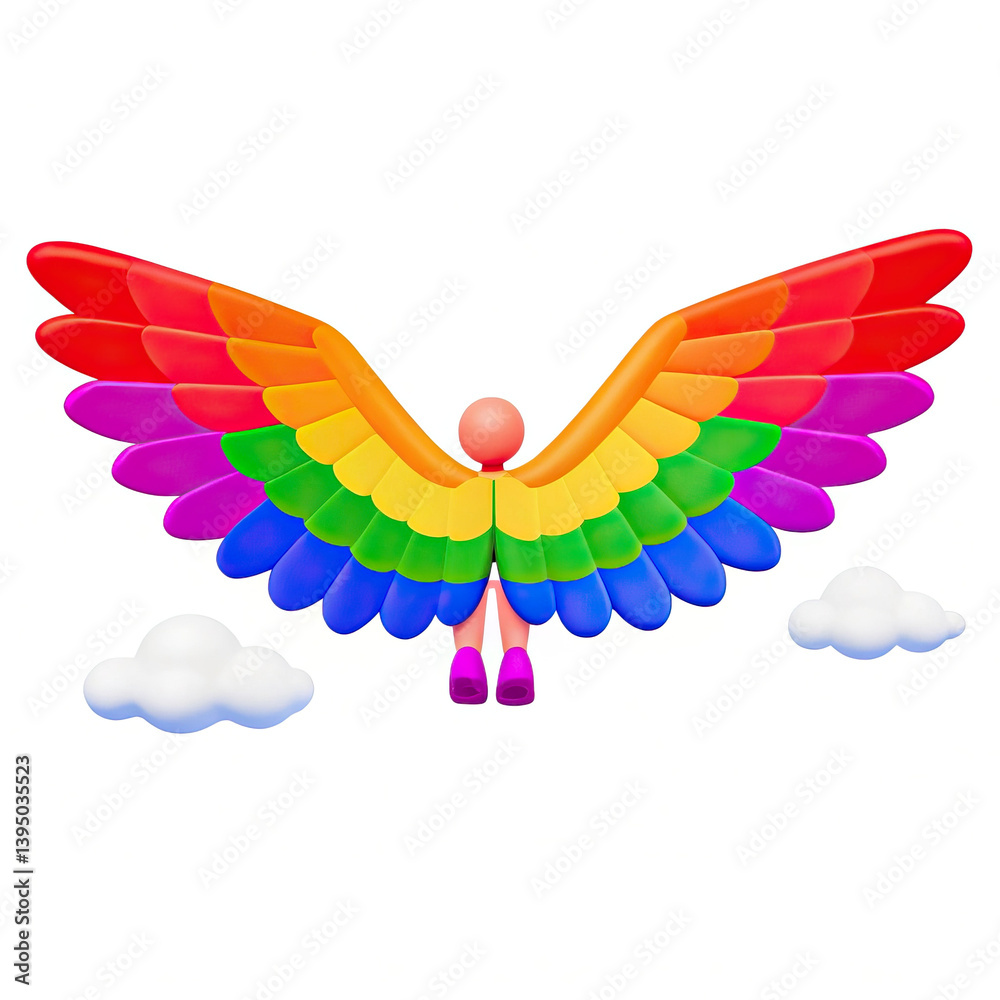 Fototapeta premium vibrant character with rainbow wings is flying among fluffy clouds, showcasing joyful and colorful expression