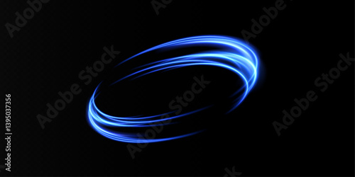 Bright light trail. Portal. Blue rotating light effect. Portal reality distortion. Bright light around teleport podium. Vector.