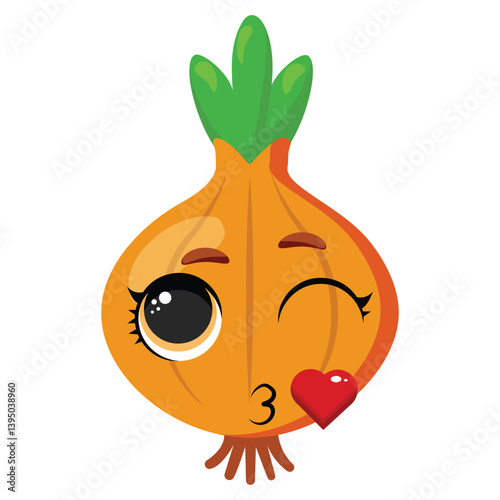 Cute onion character winking with a heart-shaped kiss, ideal for food education, children's content, healthy eating visuals, and kitchen-themed designs