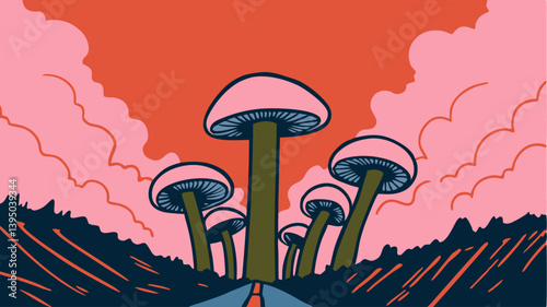 Road Leading to Giant Mushrooms Illustration