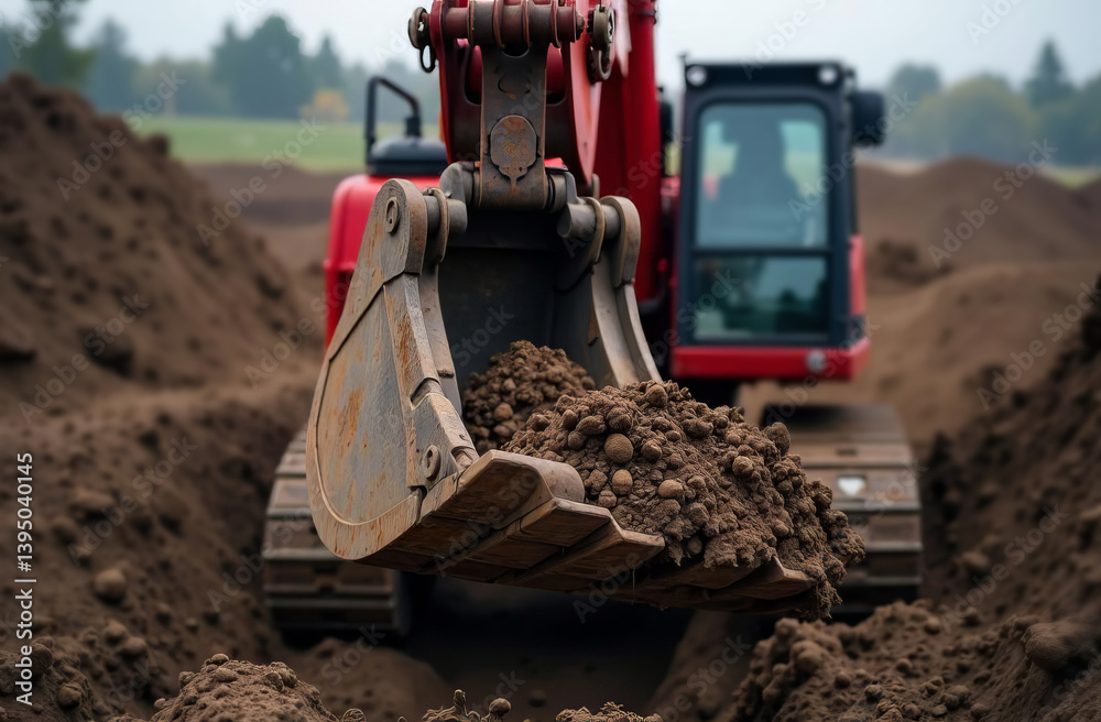 Red excavator with soil in the bucket. Excavator at a construction site. House construction. Red excavator with soil in the bucket. Excavator at a construction site. House construction.