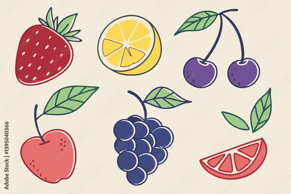 Cute Fruit Illustrations: Strawberry, Lemon, Cherry, Grape Cute Fruit Illustrations: Strawberry, Lemon, Cherry, Grape