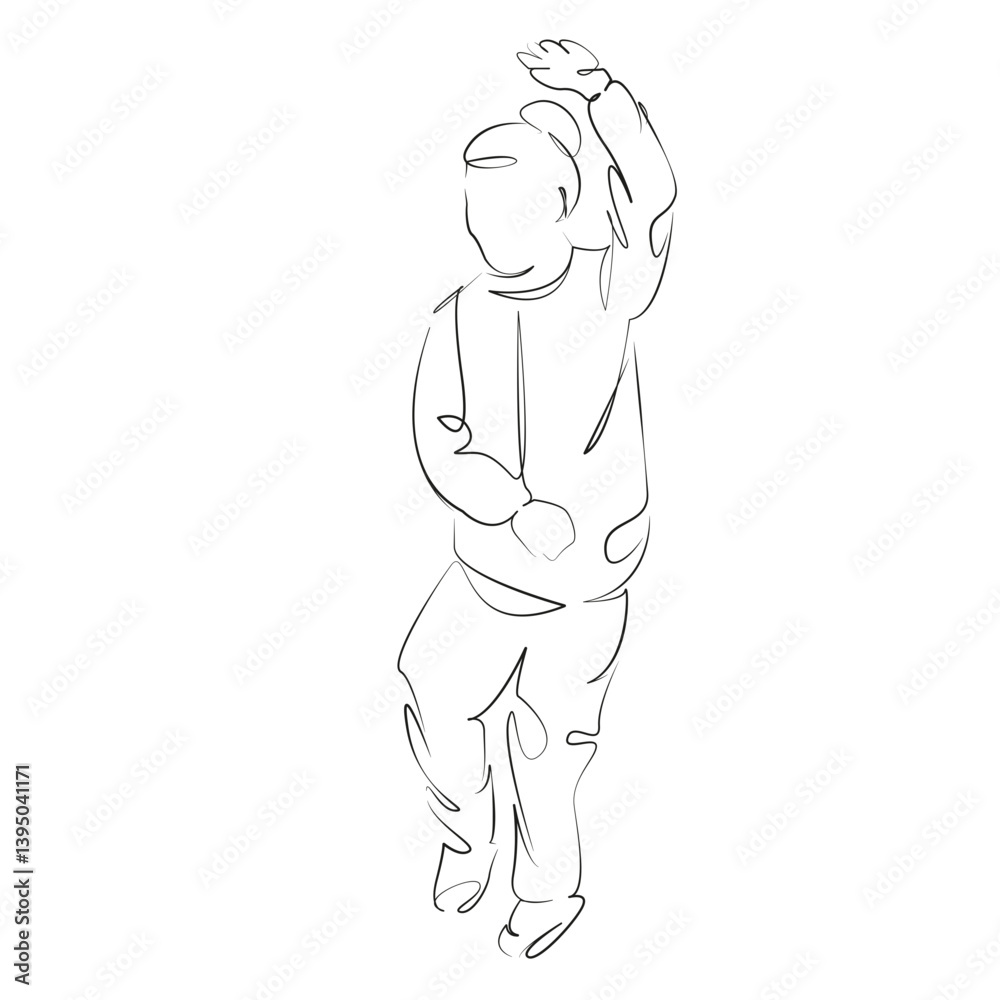 One continuous line art drawing flat illustration nature, people, adult, lifestyle, outdoors, tai chi, balance, relaxation. Isolated image hand draw outline on white background