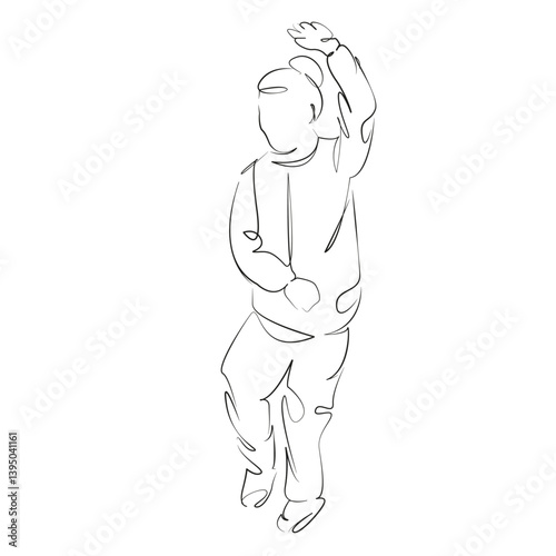 One continuous line art drawing flat illustration nature, people, adult, lifestyle, outdoors, tai chi, balance, relaxation. Isolated image hand draw outline on white background