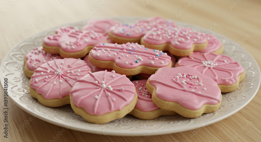 Pink iced cookies delicately arranged on plate. AI Generated Pink iced cookies delicately arranged on plate. AI Generated