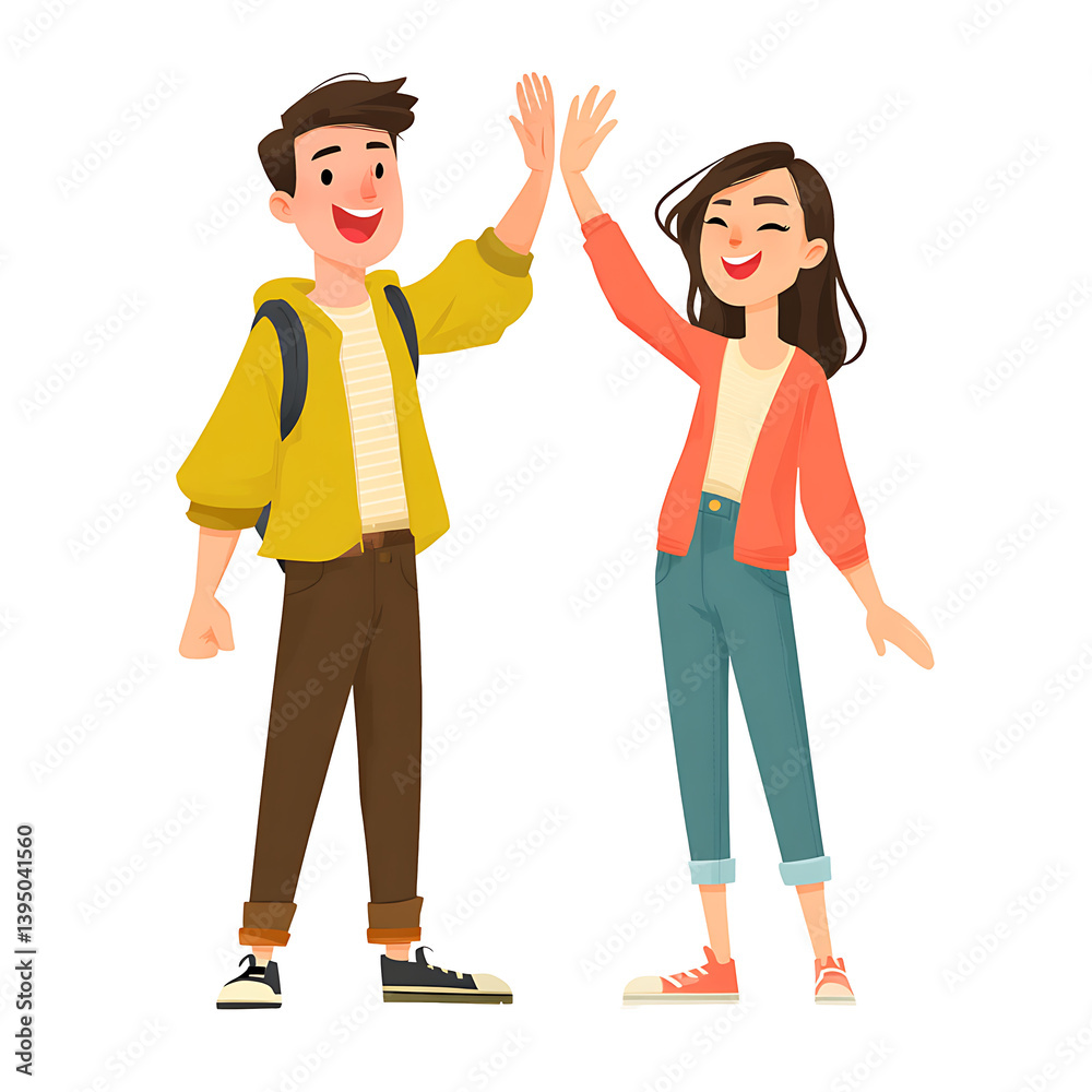 Fototapeta premium A jubilant cartoon boy and girl cheerfully high-five, embodying youthful enthusiasm and camaraderie, symbolizing success and teamwork.