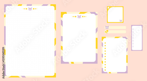 Collection, set of planner pages and stickers, sheets for notes, memo, to do list, mood tracker. Pages decorated in spring colors with cat and flower designs. Daily organization. Vector illustration.
