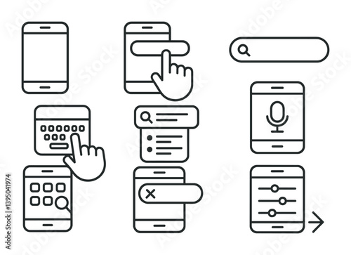 Digital interaction icons set: linear design for mobile interfaces and applications