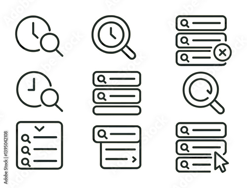 Minimalist search and clock linear icon set for ui/ux design projects