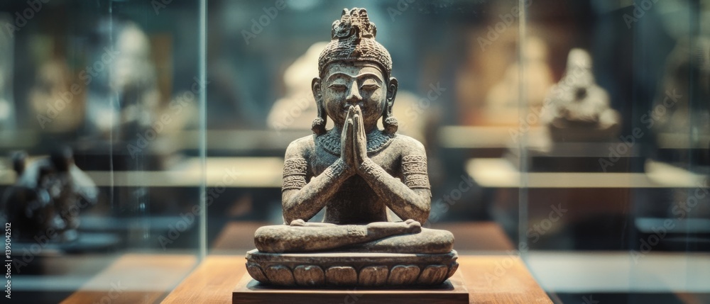 Fototapeta premium An ornate, ancient statue of a seated figure in prayer position, showcased in a museum, exuding history and spirituality.