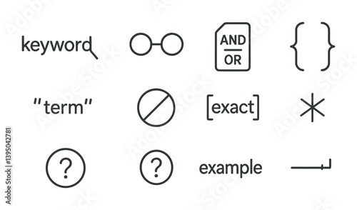 Search and query icons set: linear style with magnifying glass, brackets, and more