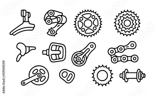 Bicycle parts icon set: linear style for gear, chain, and pedal elements