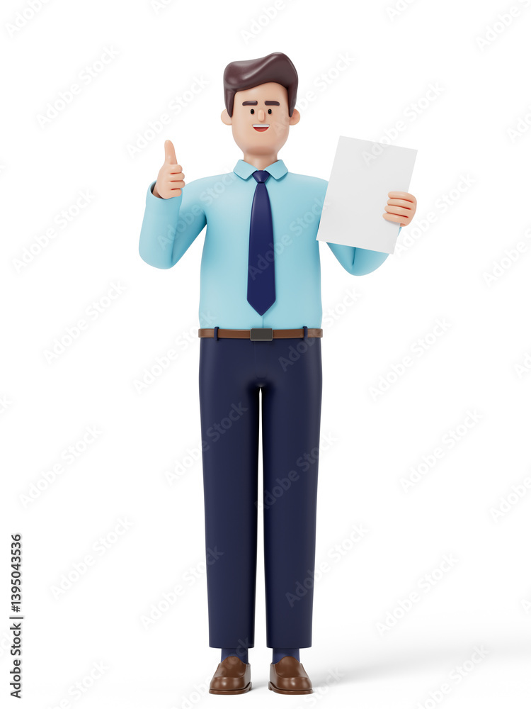 Man with paper and raised finger, symbolizing presentation of ideas or solutions. 3D rendering, conceptual image. Isolated on white background. Man with paper and raised finger, symbolizing presentation of ideas or solutions. 3D rendering, conceptual image. Isolated on white background.
