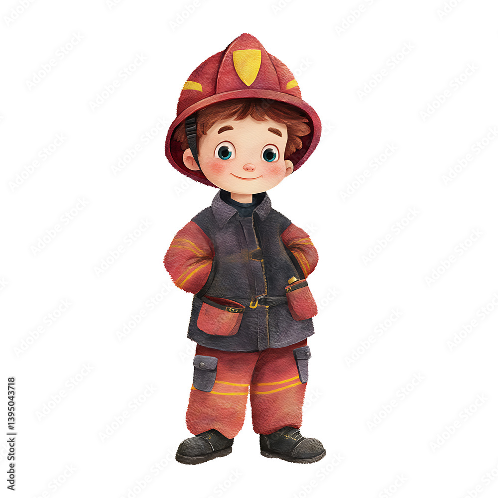 Illustration of a young child dressed in a firefighter costume. The kid has red hair, blue eyes and a smiling face. Illustration of a young child dressed in a firefighter costume. The kid has red hair, blue eyes and a smiling face.