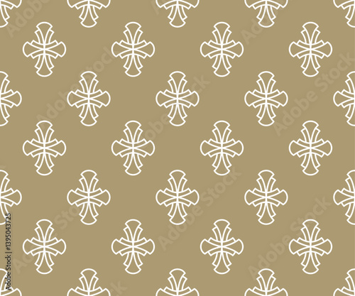 Christian seamless pattern religion white outline crosses icons for Easter holiday spring design decor golden luxury style. Vector illustration