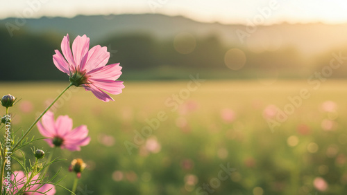 Vibrant cosmos flowers set against a backdrop of a summer landscape