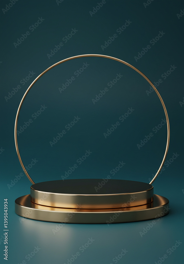 Round gold podium display stand with thin gold ring arch against plain dark teal green background. Empty elegant minimalist stage presentation showcase design. Round gold podium display stand with thin gold ring arch against plain dark teal green background. Empty elegant minimalist stage presentation showcase design.