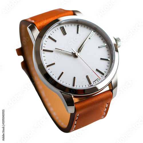 Sleek Silver Tone Wristwatch with White Dial and Orange Leather Strap Isolated on Transparent Background