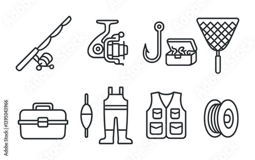 Fishing gear icons set: linear style with rod, reel, hook, and more essential equipment