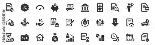 Loan, finance icon set. Vector glyph pictograms of mortgage, percentage, loan agreement, money bag, repayment, banking, credit, interest rate black silhouette illustration.