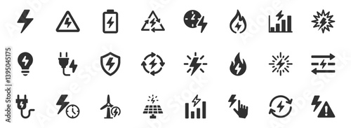 Electricity and energy icon set. Vector glyph pictograms of lightning bolt, battery, plug, solar panel, wind turbine, power, renewable energy, electrical safety black silhouette illustration.