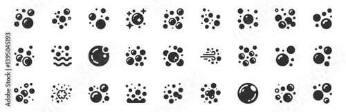 Bubble foam icon set. Vector glyph pictograms of water bubbles, sparkle, cleanliness, air movement, effervescent, underwater black silhouette illustration.