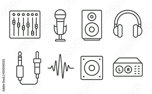 Audio equipment icon set: linear style featuring microphone, speakers, headphones, and more