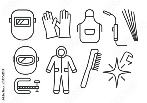 Welding equipment icons set: linear style for industrial and safety themes