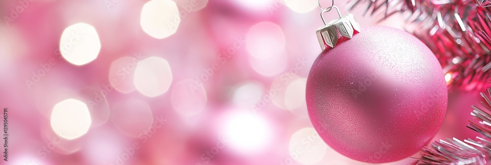 Fototapeta premium A pink ornament hangs gracefully amidst shimmering lights during Christmas.