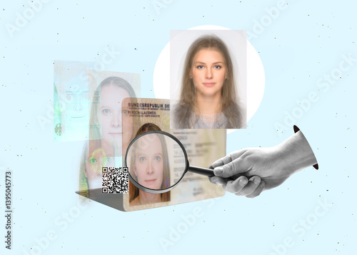  Art collage. Biometric technology digital face scanning form of a new, modern german ID card and a hand with a magnifying glass looking for fakes or morphing faces
