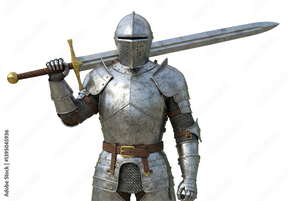 Isolated Knight in Shining Armor with Sword Over Shoulder Isolated Knight in Shining Armor with Sword Over Shoulder