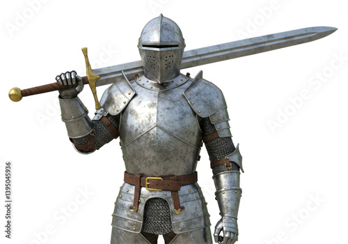 Isolated Knight in Shining Armor with Sword Over Shoulder