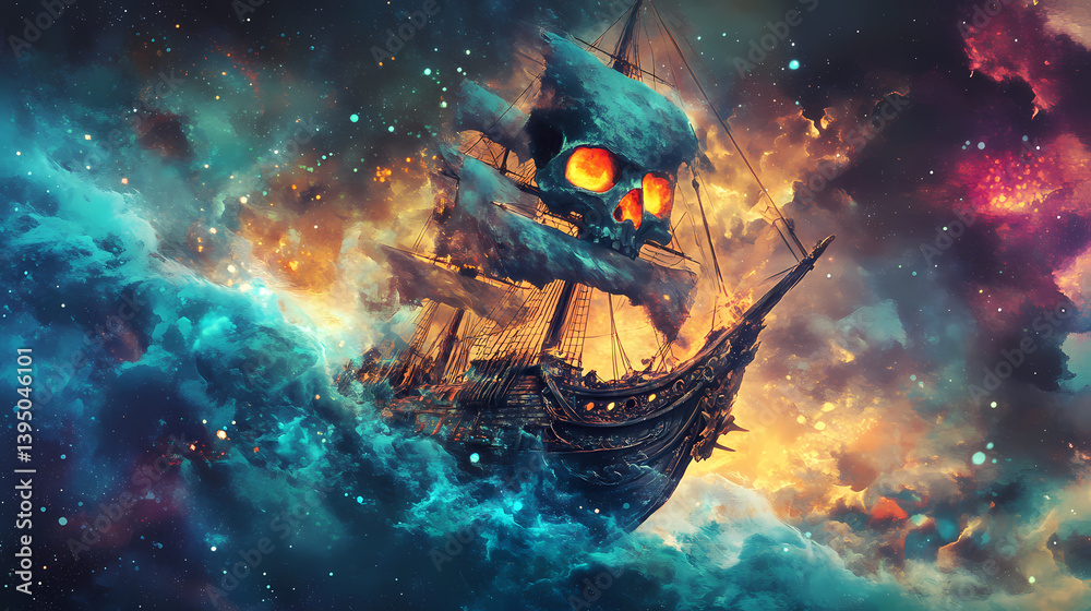 Fototapeta premium pirate ghost ship, navigating through cursed waters, spectral glow, watercolor style. Spectral Brine. Illustration